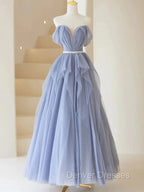 Blue Sweetheart Tulle Off-the-Shoulder Floor-Length Prom Dress, Blue Evening Gown