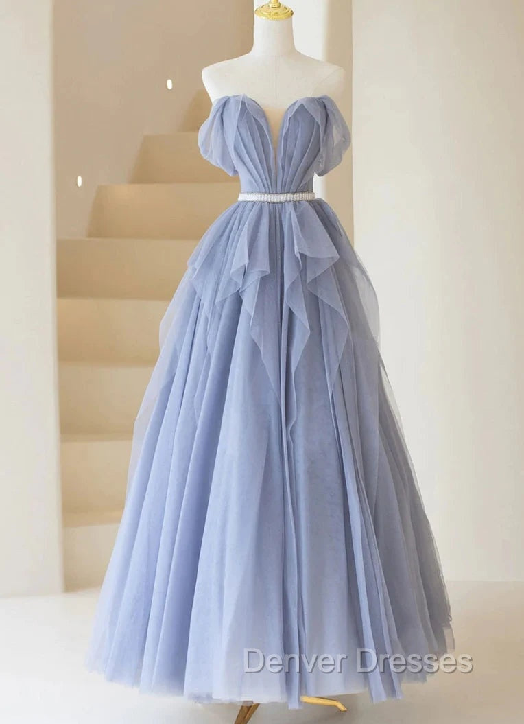 Blue Sweetheart Tulle Off-the-Shoulder Floor-Length Prom Dress, Blue Evening Gown Main image