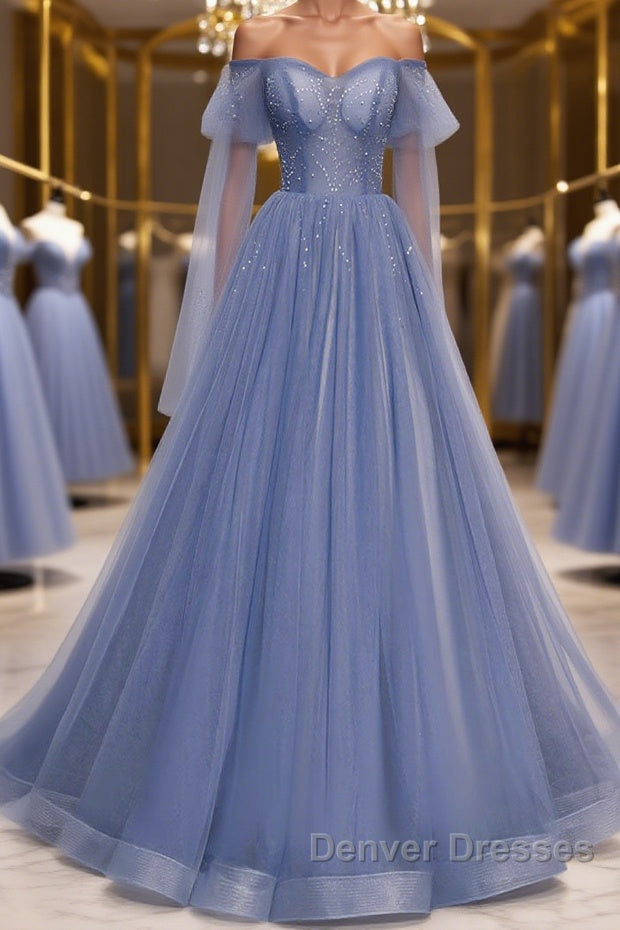 Blue sweetheart tulle sequin long prom Dress blue formal Dress