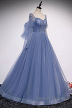 Blue sweetheart tulle sequin long prom Dress blue formal Dress