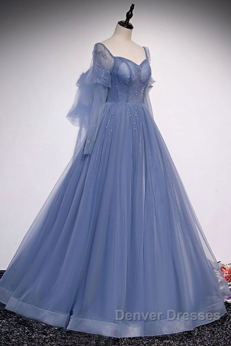 Blue sweetheart tulle sequin long prom Dress blue formal Dress