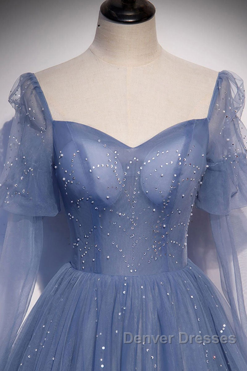 Blue sweetheart tulle sequin long prom Dress blue formal Dress