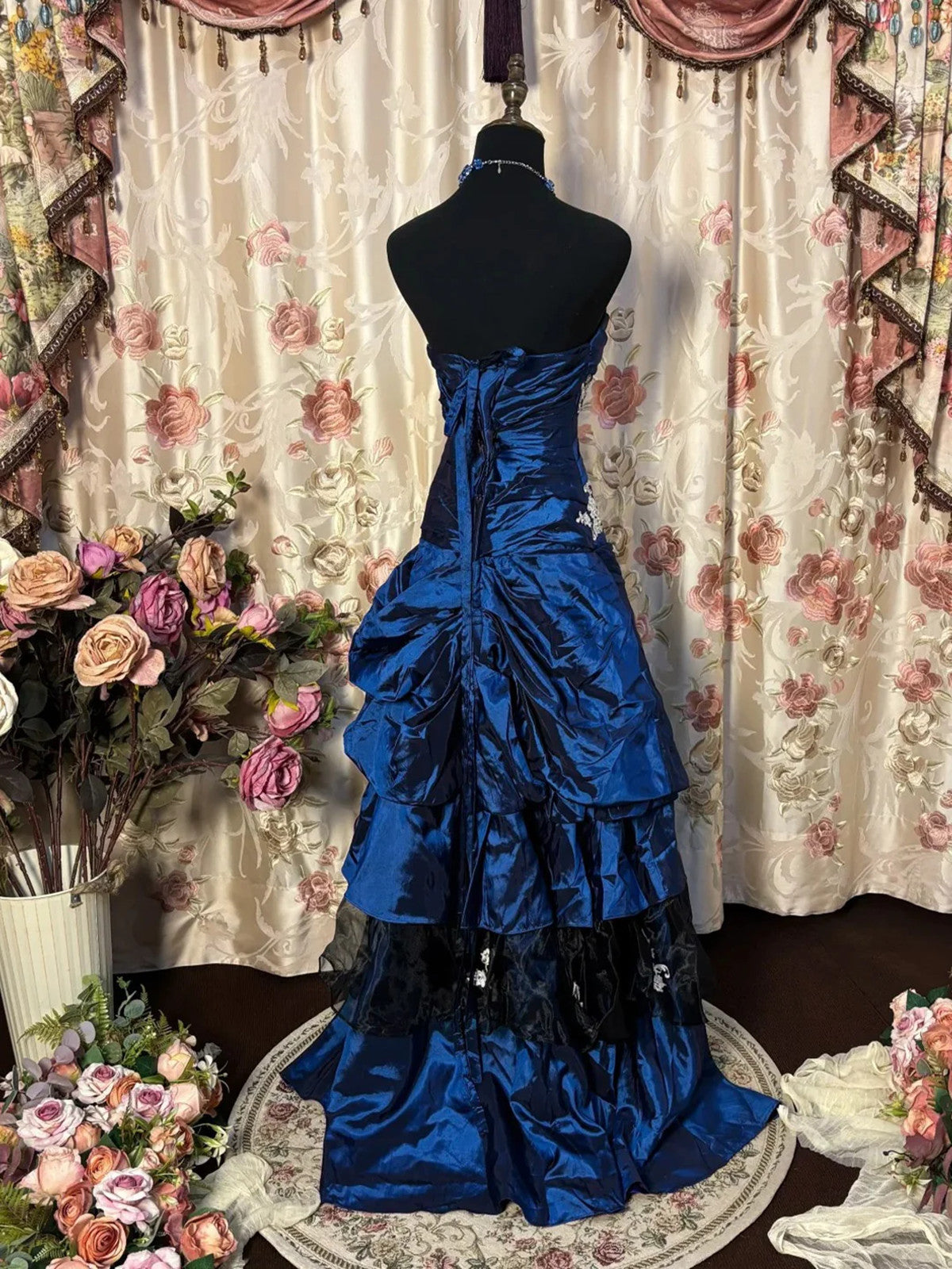 Blue Taffeta With Lace Strapless Long Formal Dress, Blue Taffeta Sweetheart Prom Dress