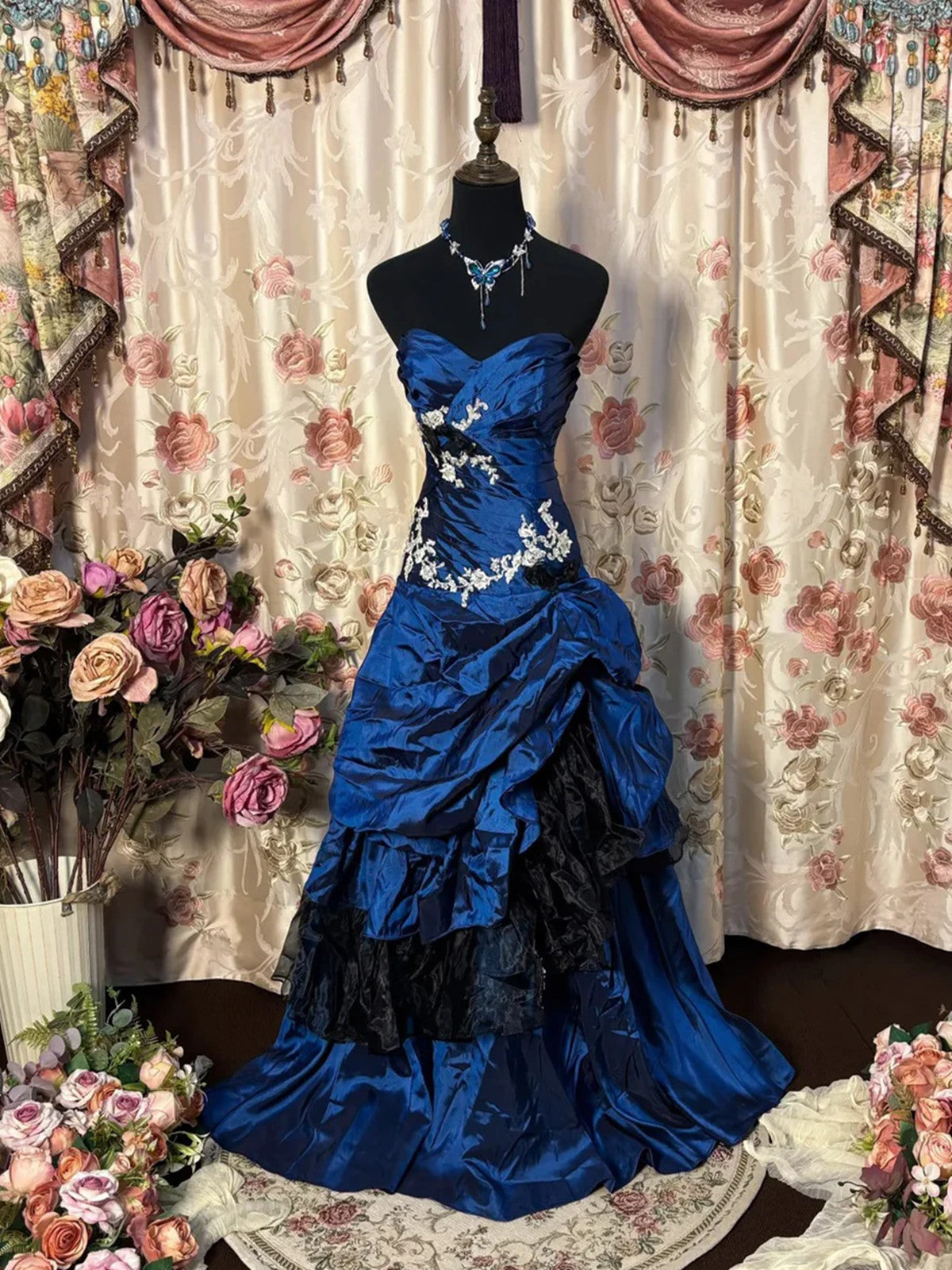 Blue Taffeta With Lace Strapless Long Formal Dress, Blue Taffeta Sweetheart Prom Dress