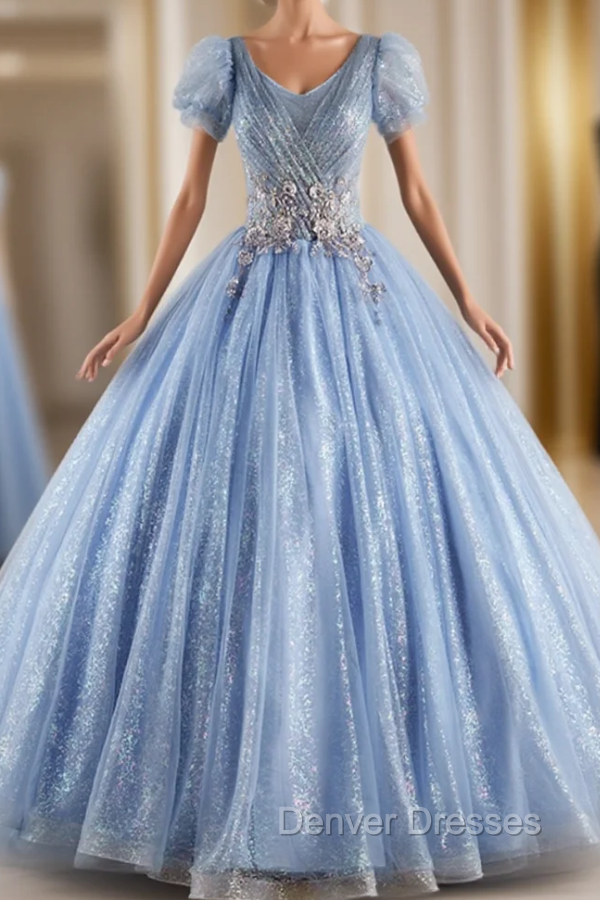 Blue Tule Sequins Short Sleeve Quinceanera Dress Main image