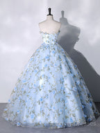 Blue Tulle 3 D Applique Long Prom Dress, Blue Formal Evening Dress