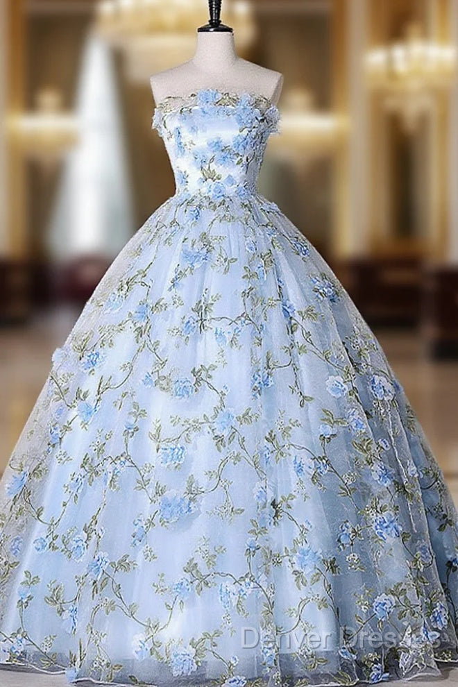 Blue Tulle 3 D Applique Long Prom Dress, Blue Formal Evening Dress Main image
