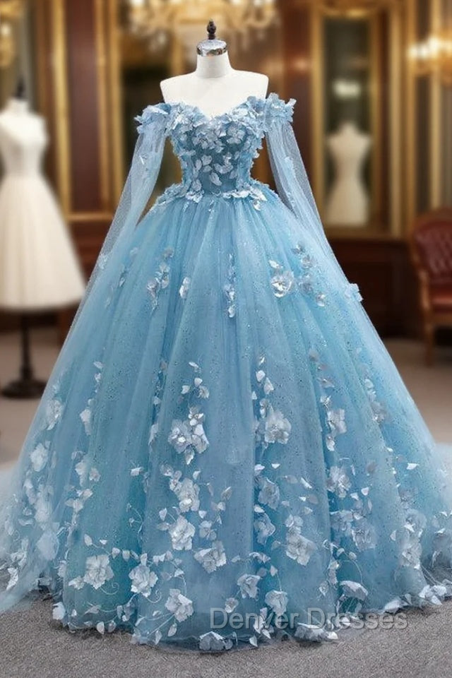 Blue Tulle 3D Appliques Off the Shoulder Prom Dress Main image