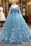Blue Tulle 3D Appliques Off the Shoulder Prom Dress