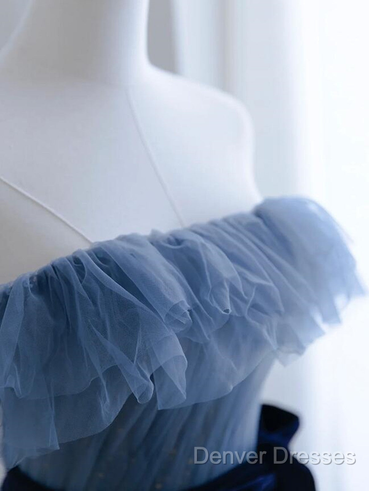 Blue Tulle A-Line Off Shoulder Long Party Dress, Blue Scoop Prom Dress Evening Dress Secondary image