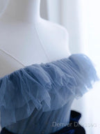 Blue Tulle A-Line Off Shoulder Long Party Dress, Blue Scoop Prom Dress Evening Dress