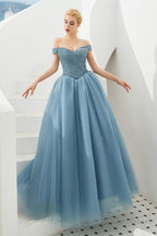 Tulle A line Off Shoulder Sweetheart Beaded Bodice Long Prom Dresses
