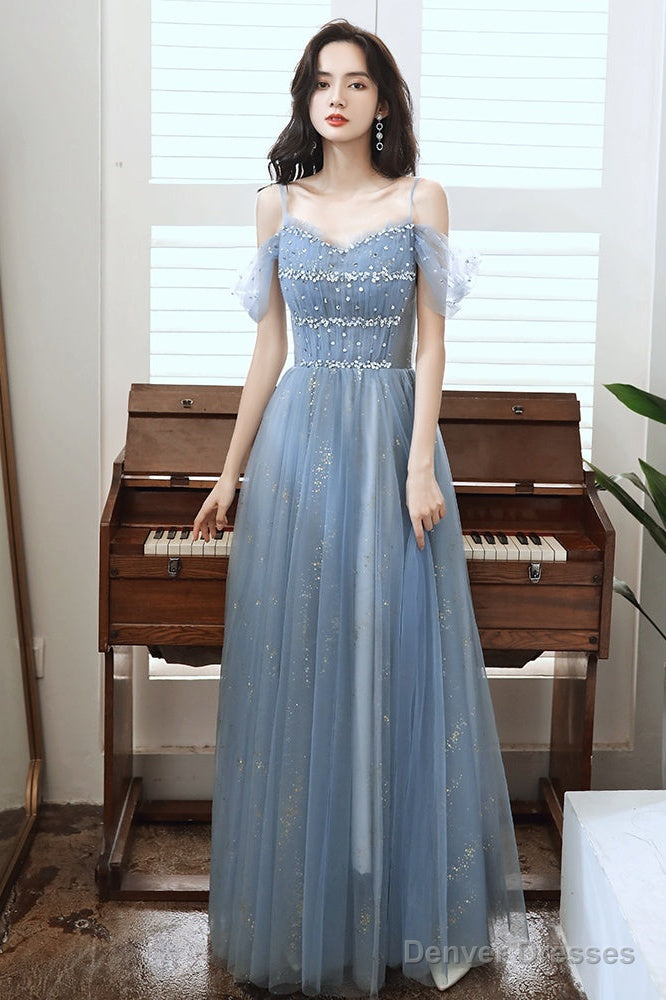 Blue Tulle A-Line Party Dress With Beadings, Blue Long Prom Dress Secondary image