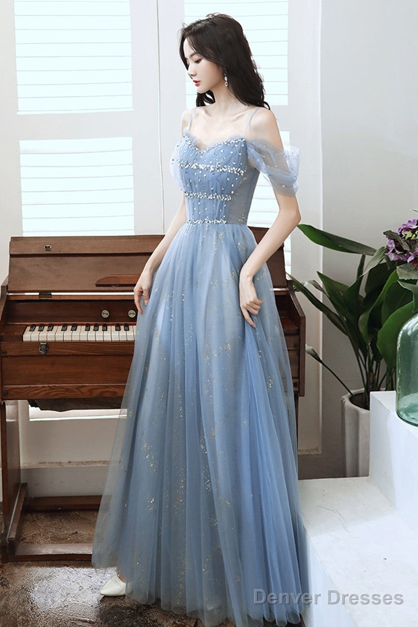 Blue Tulle A-Line Party Dress With Beadings, Blue Long Prom Dress Main image
