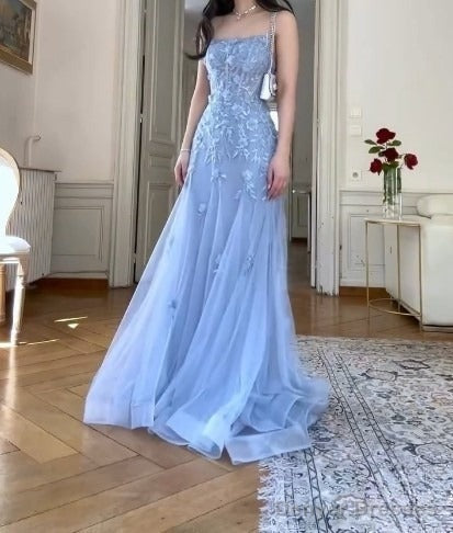 Blue Tulle A-Line Spaghetti Strap Appliqu Long Prom Dress Evening Dress