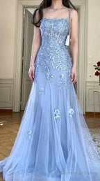 Blue Tulle A-Line Spaghetti Strap Appliqu Long Prom Dress Evening Dress
