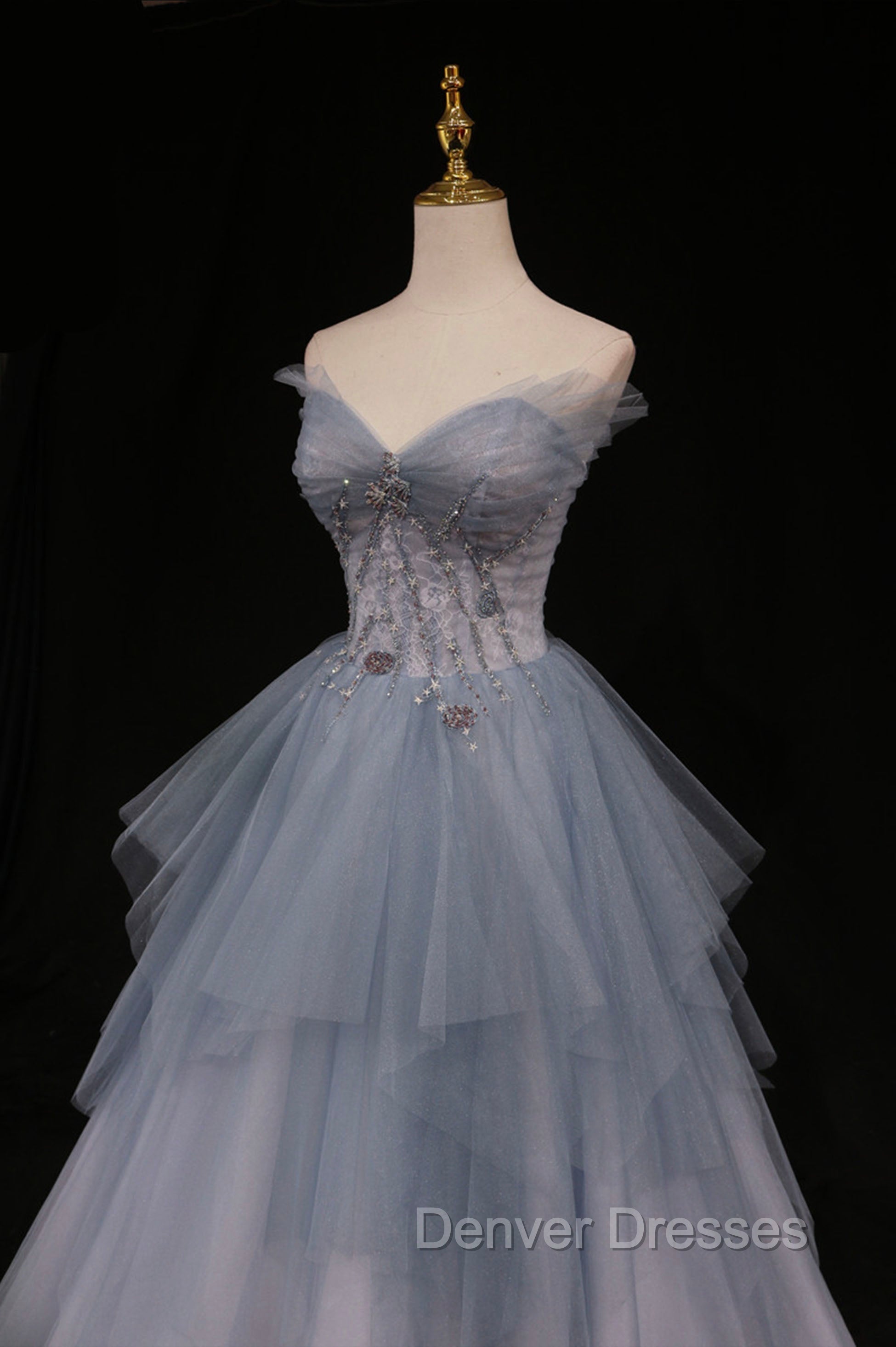Blue Tulle A-Line Strapless Long Prom Dress, Blue Evening Party Dress Secondary image