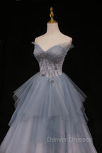Blue Tulle A-Line Strapless Long Prom Dress, Blue Evening Party Dress