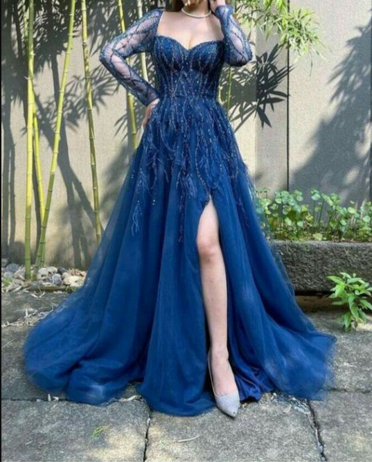 Blue Long Sleeves Slit Prom Dress Long Party Dress Evening Dress Secondary image