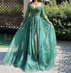 Blue Long Sleeves Slit Prom Dress Long Party Dress Evening Dress