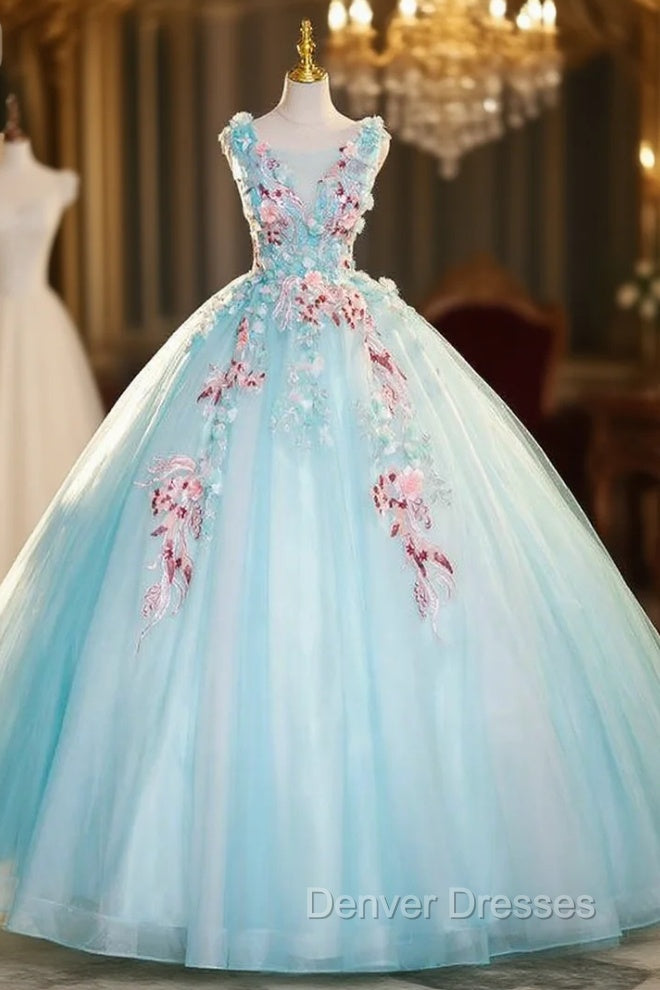 Blue Tulle Appliques Ball Gown Quinceanera Dress