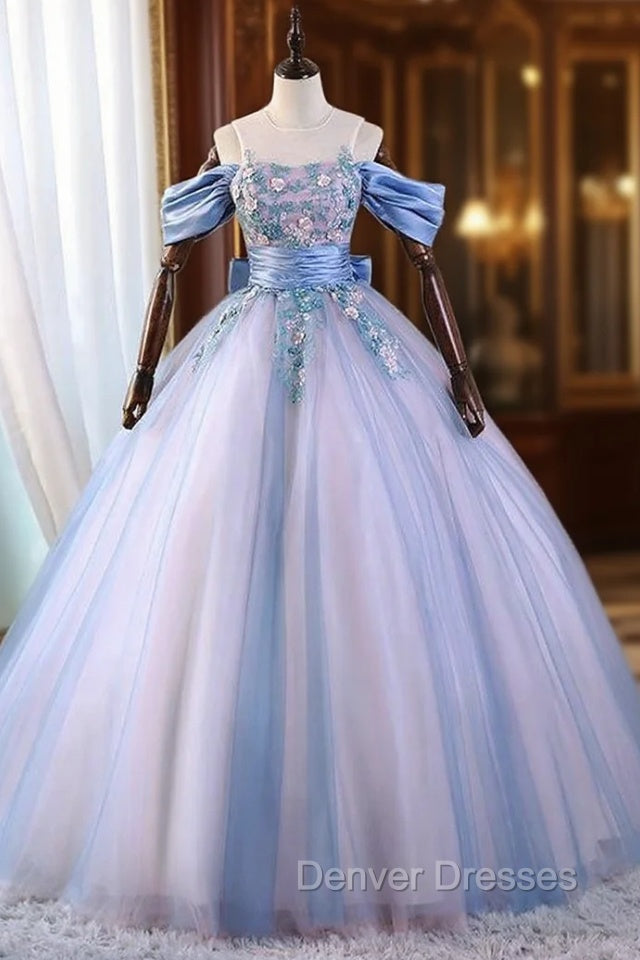 Blue Tulle Appliques Bow Quinceanera Dress