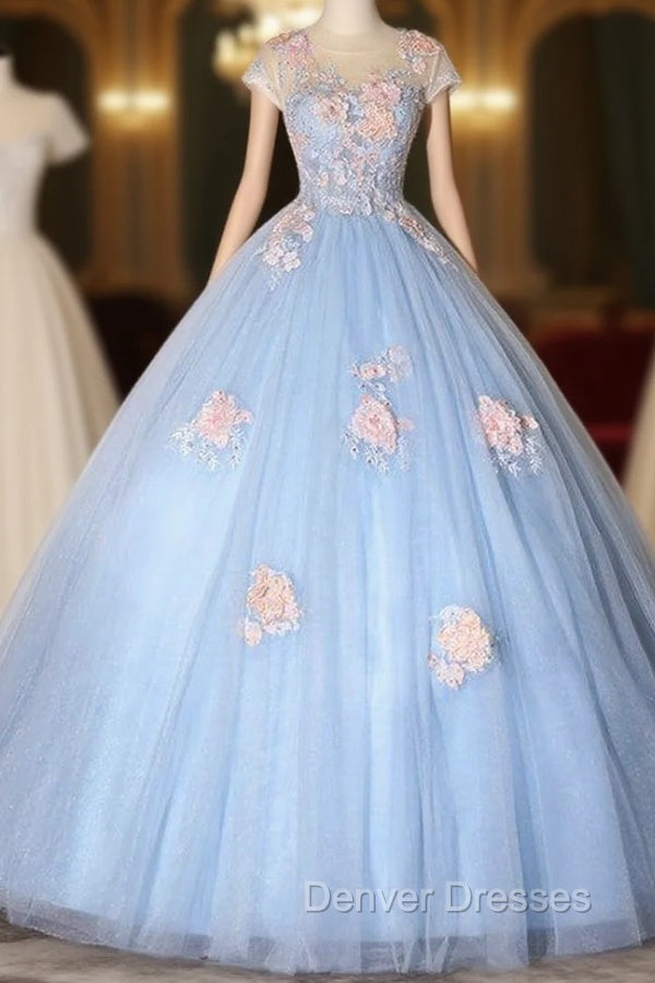 Blue Tulle Appliques Cap Sleeve Quinceanera Dress Main image