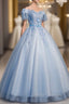 Blue Tulle Appliques Off the Shoulder Quinceanera Dress