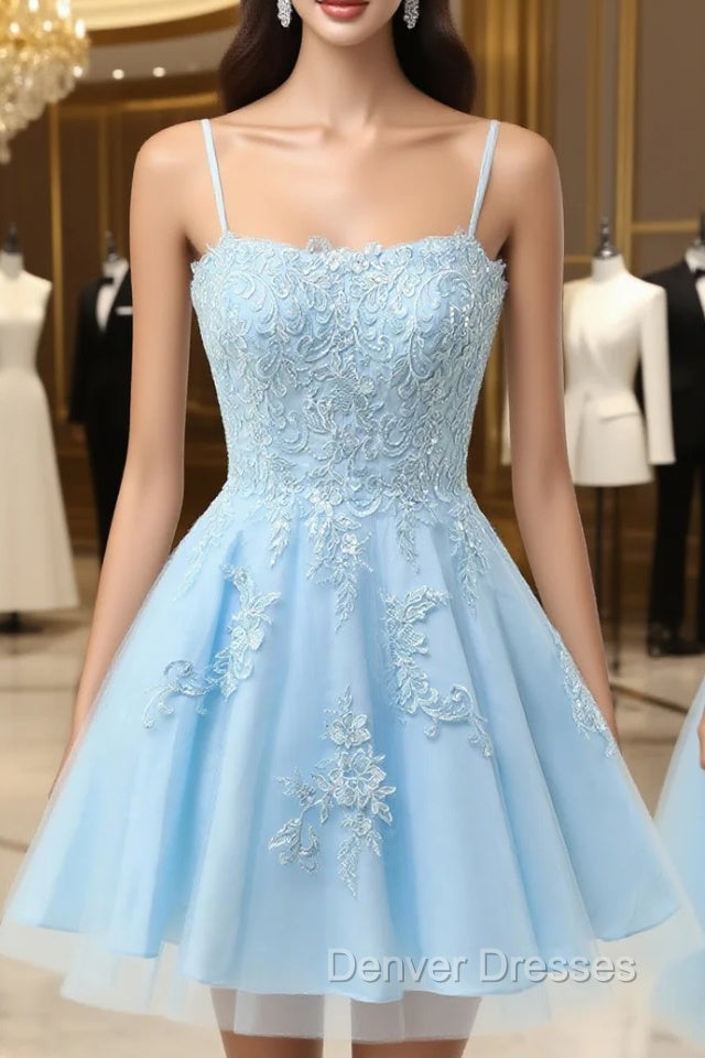 Blue Tulle Appliques Spagehtti Straps Homecoming Dress Main image