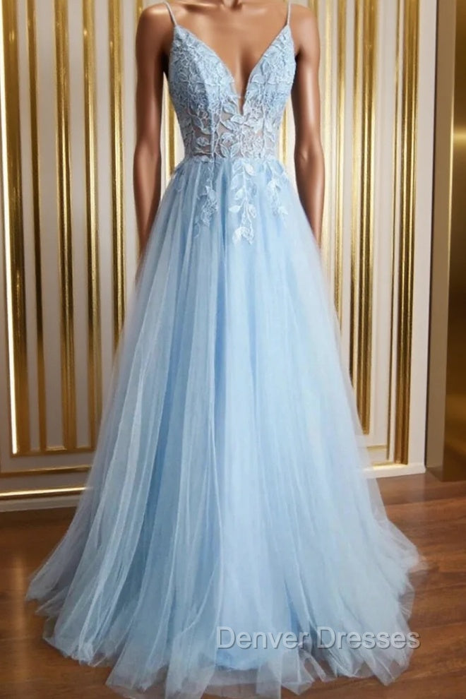 Blue Tulle Appliques Spaghetti Straps Prom Dress Main image
