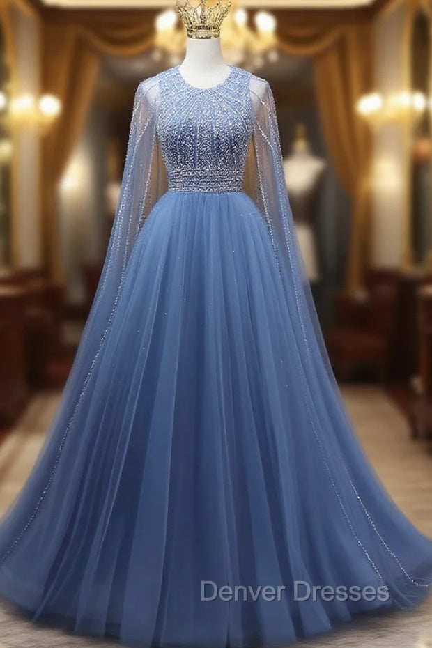 Blue Tulle Backless Beading Prom Dress Main image