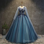 Blue Tulle Ball Gown Long Sweet 16 Dress With Lace Applique, Prom Dress