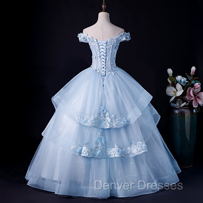 Blue Tulle Ball Gown Off Shoulder Layers Sweet 16 Dress, Blue Formal Dress with Lace