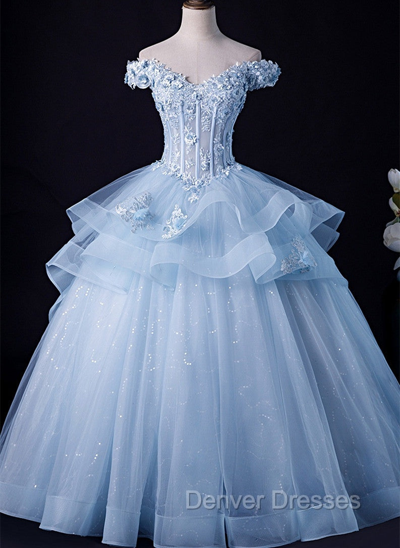 Blue Tulle Ball Gown Off Shoulder Layers Sweet 16 Dress, Blue Formal Dress with Lace Main image