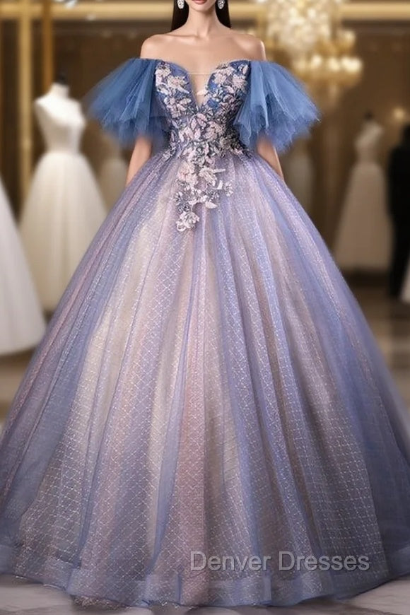 Blue Tulle Ball Gown Off the Shoulder Quinceanera Dress Main image