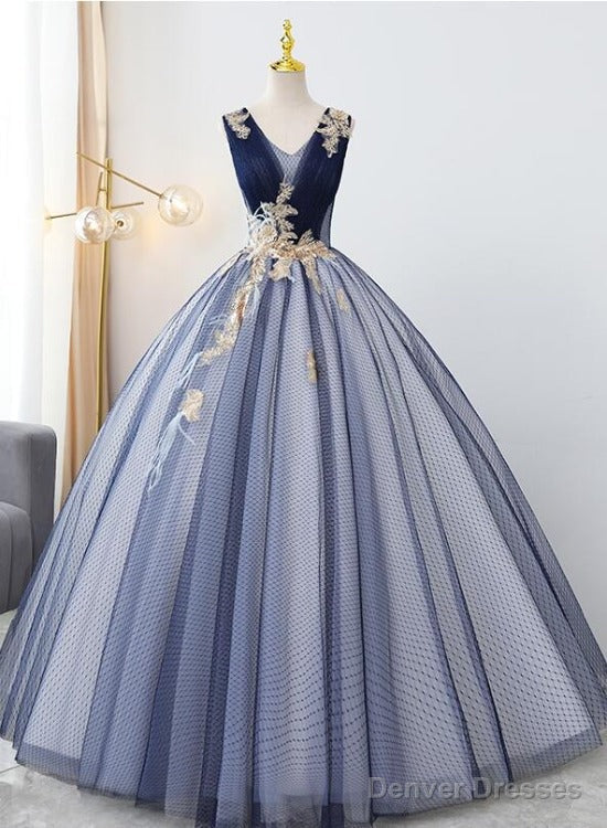 Blue Tulle Ball Gown V-Neckline Sweet 16 Dresses, Blue Floor Length Formal Dresses Evening Gown Main image