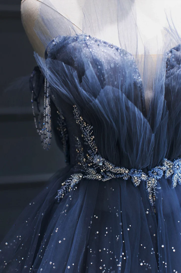 Blue Gorgeous Tulle Beaded Long A-Line Ball Gown Evening Dress Secondary image