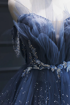 Blue Gorgeous Tulle Beaded Long A-Line Ball Gown Evening Dress