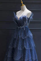 Blue Gorgeous Tulle Beaded Long A-Line Ball Gown Evening Dress
