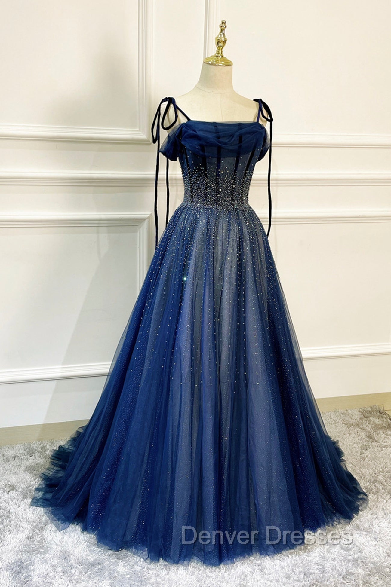 Blue Tulle Beaded Long A-Line Prom Dress, Blue Spaghetti Straps Evening Dress Main image