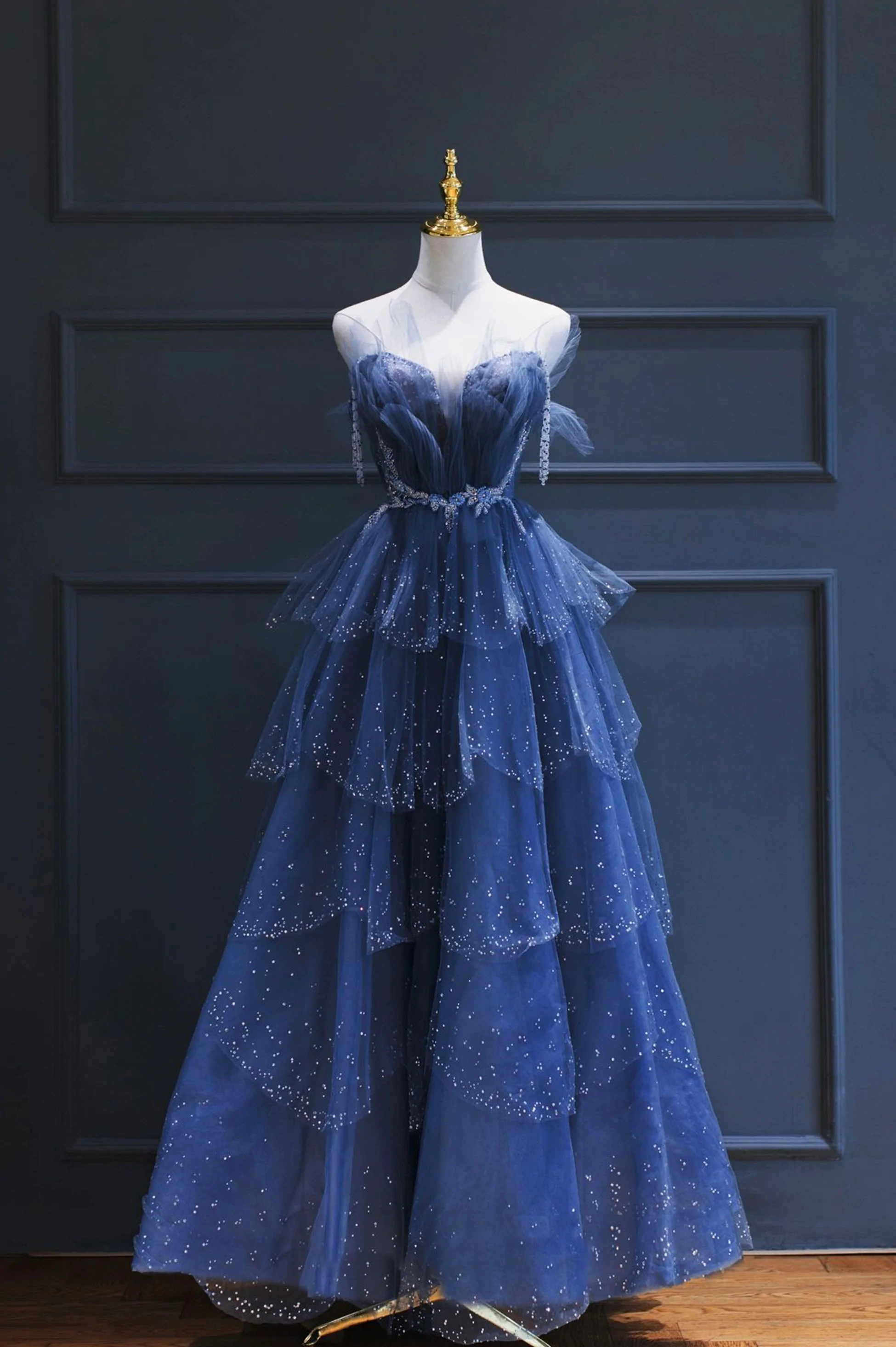 Blue Gorgeous Tulle Beaded Long A-Line Ball Gown Evening Dress Main image
