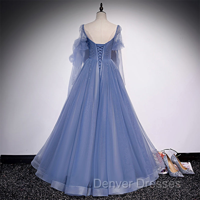 Blue Tulle Beaded Long Formal Dress Party Dress, A-line Wedding Party Dress Secondary image