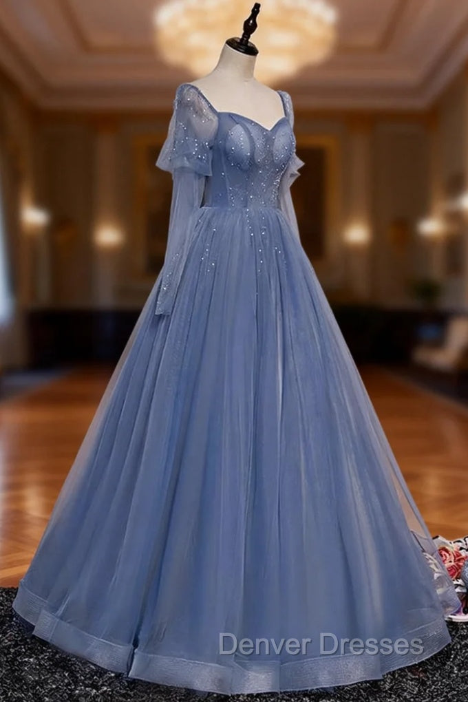 Blue Tulle Beaded Long Formal Dress Party Dress, A-line Wedding Party Dress Main image