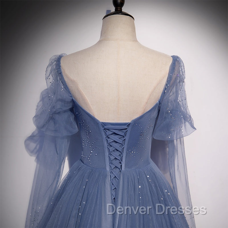 Blue Tulle Beaded Long Formal Dress Party Dress, A-line Wedding Party Dress
