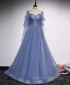 Blue Tulle Beaded Long Formal Dress Party Dress, A-line Wedding Party Dress