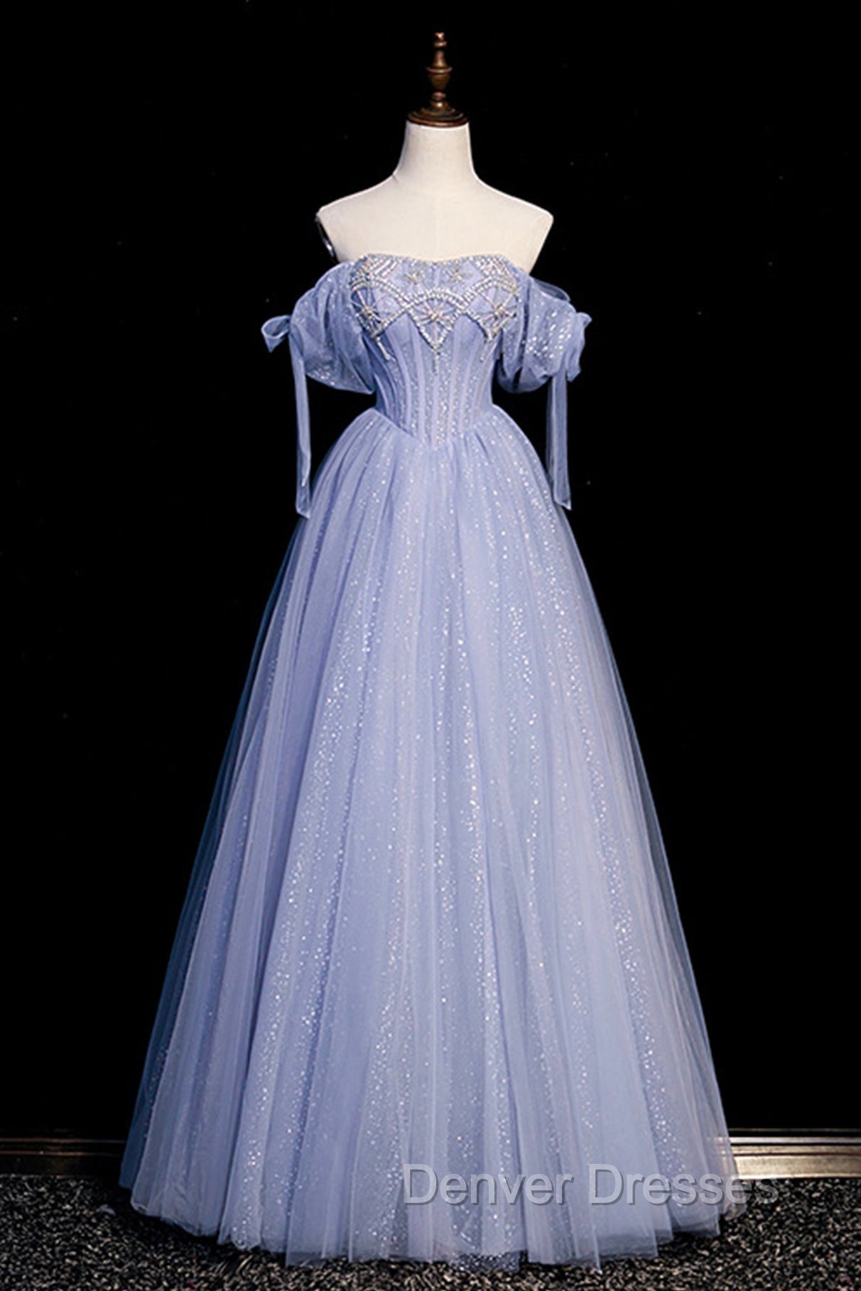 Blue Tulle Beaded Long Prom Dress, A-Line Blue Evening Party Dress Secondary image