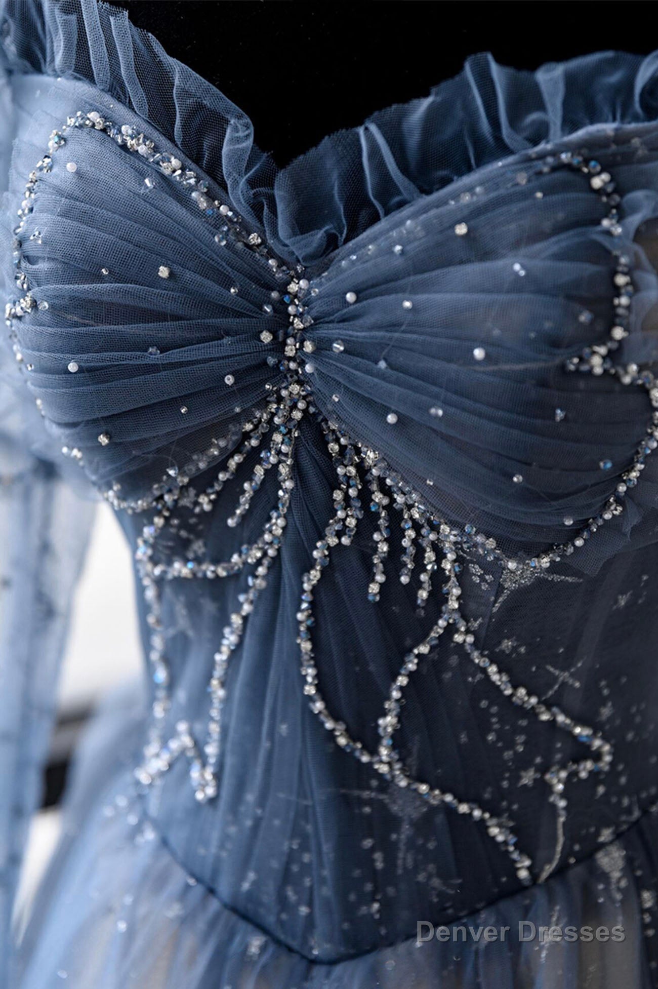 Blue Tulle Beaded Long Prom Dress, A-Line Long Sleeve Evening Dress Secondary image