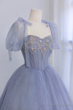 Blue Tulle Beaded Long Prom Dress, Beautiful A-Line Blue Evening Party Dress