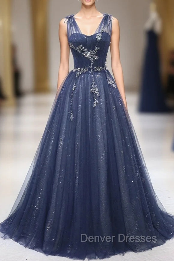 Blue Tulle Beaded Long Prom Dress, Blue A-Line Evening Party Dress Main image