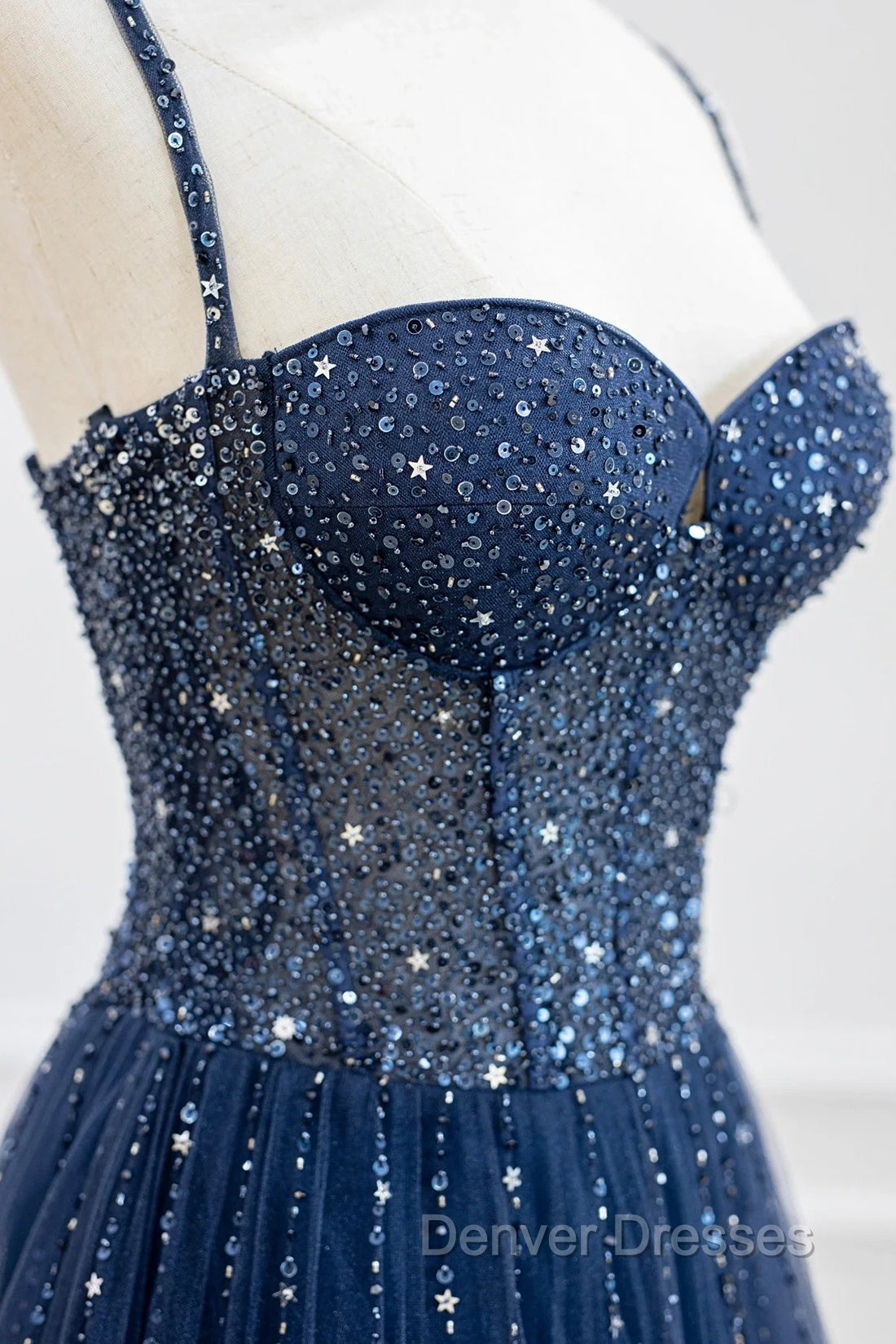 Blue Tulle Beaded Long Prom Dress Formal Dress Secondary image